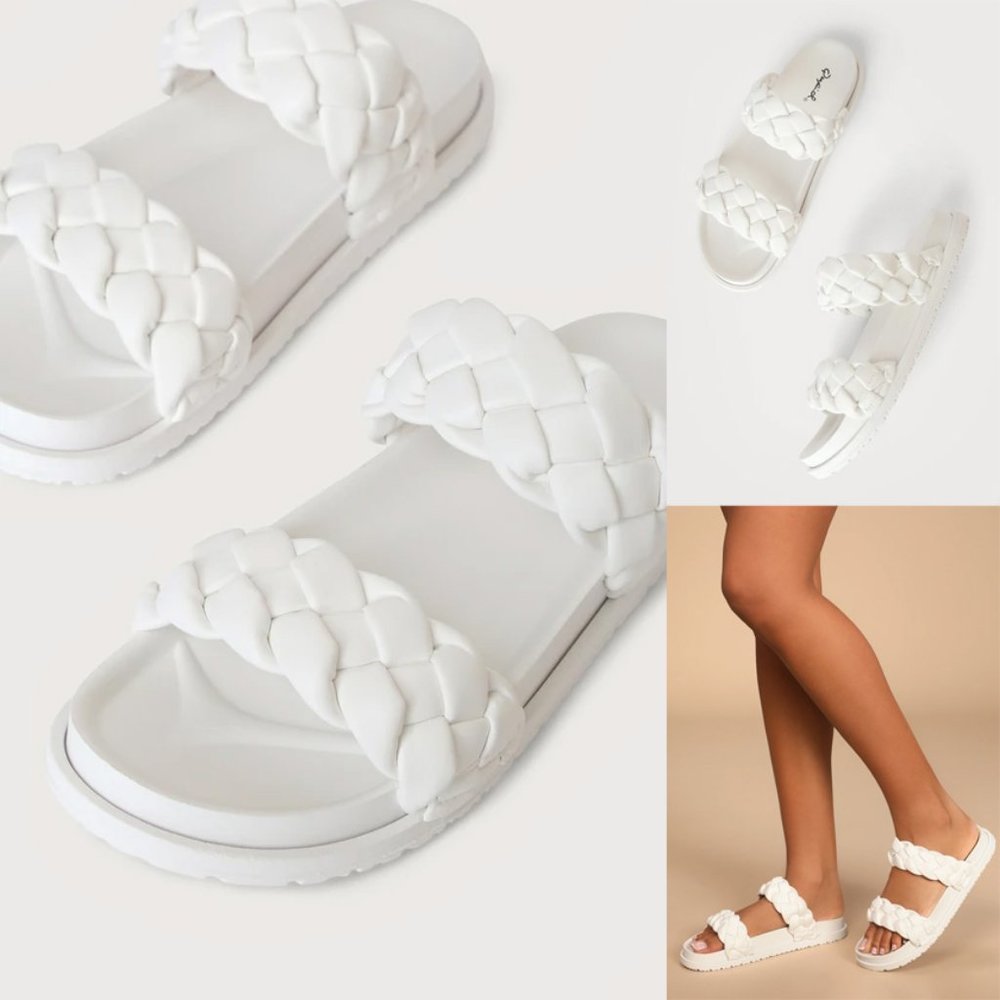 NEW White Braided Double Straps Slip On Platform Slides Slipper Sandals Shoes - Picture 10 of 16